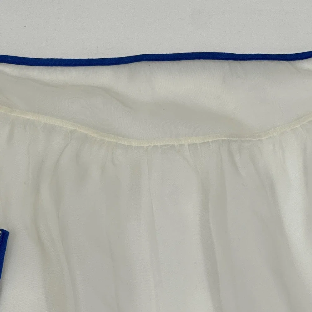 Vintage Sheer White Half Apron Multi Color Geometric Patchwork Pocket Blue Trim‎